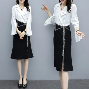 

Office Shirt Dress Full Split Women Dress Turn-down Collar Patchwork Knee-length Womens Dresses Loose Vestidos OL Temperament