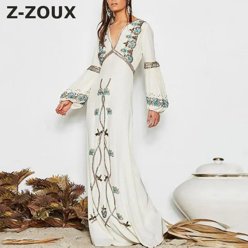 

Z-ZOUX Women Dress Flower Embroidered Bohemia Dress Sexy Long Print Floral Maxi Dresses Loose Long Beach Dresses Summer 2019 New