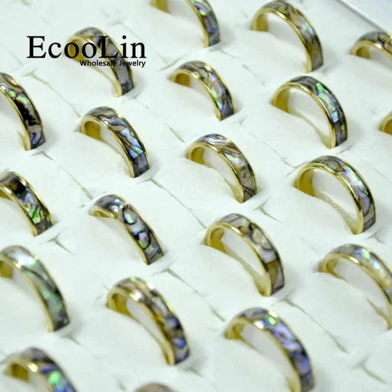 

50Pcs EcooLin Brand Fashion Natural Shellfish Abalone Shell Stainless Steel Rings For Women Jewelry Lots Bulk LR4028