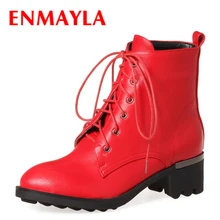 ENMAYLA New Lace-up Martin Ankle Boots for Women Med Chucky Heels Boots Women Black Red Dance Shoes Woman Short Boots fedonas new fashion ankle boots for women platforms punk rock night club party shoes woman lace up martin shoes basic boots