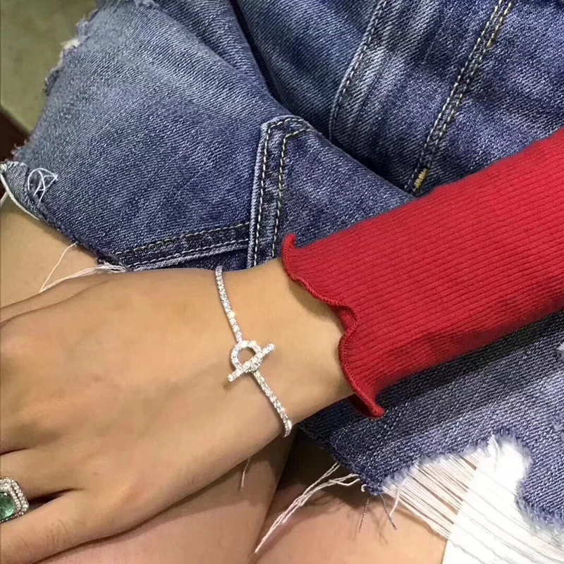 

BLH Fashion Simple AAA Zircon Chain Bracelet Circle Simple OT Chain 925 Sterling Silver Elegant All Match Women Wedding Jewelry