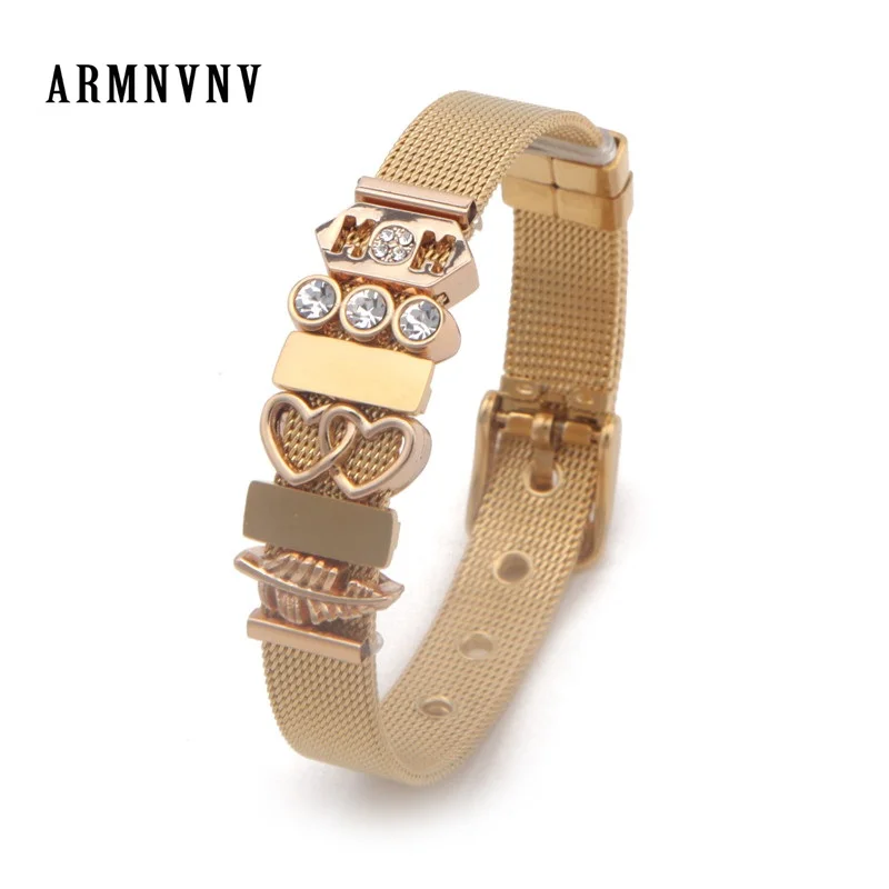 

ARMNVNV KEEPER Charms Collection Rose Gold Stainless Steel Mesh Wrappable Bracelet with Feather Hearts MOM Slide Charms