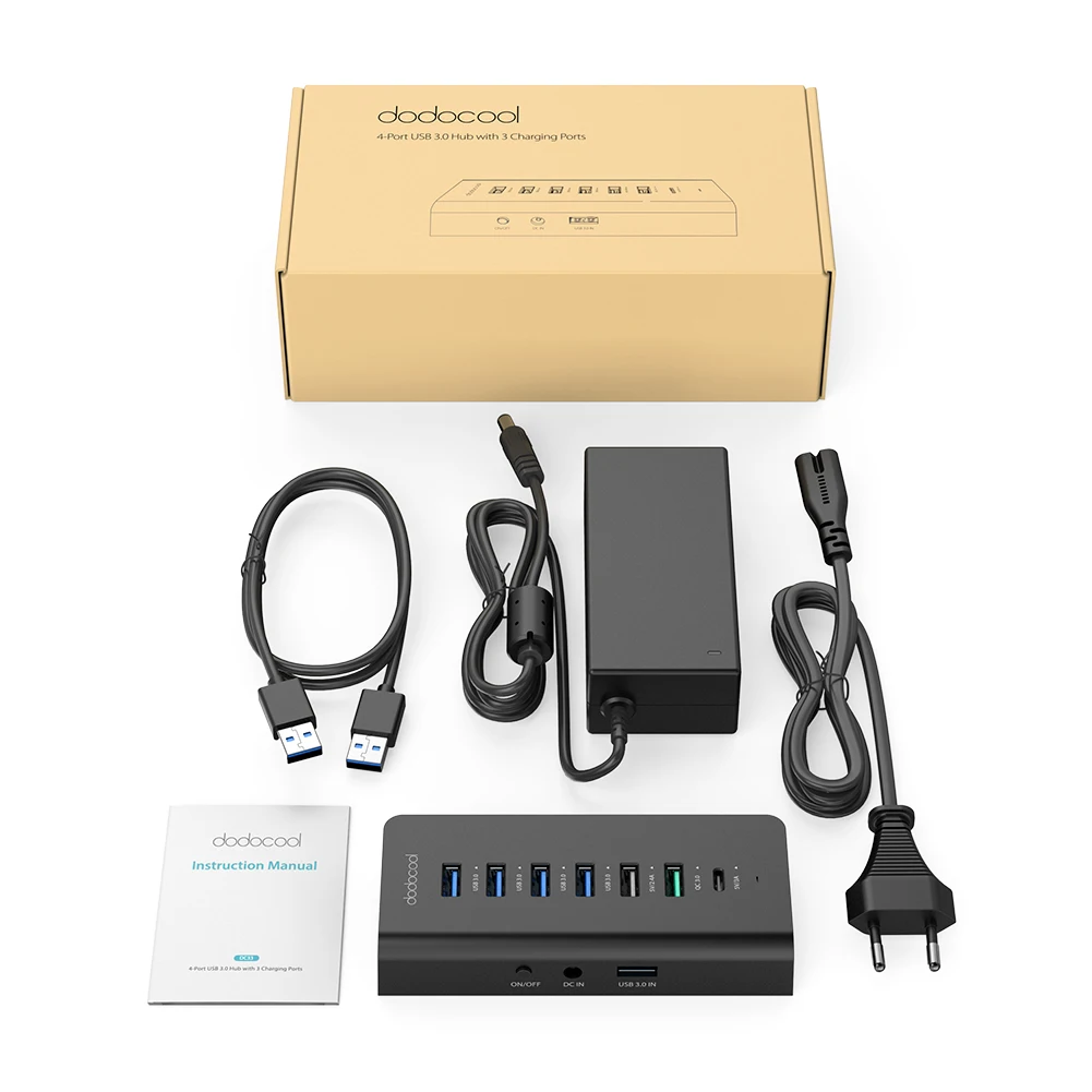 Dodocool 7-Порты и разъёмы концентратор с 4 данных Передача USB 3,0 Порты и 3 разъема Порты для зарядки QC 3,0/USB-A/USB-C для устройств, в которых предусмотрена такая 60 W 15 V/4A Мощность В комплект поставки входит адаптер штепсельная вилка американского стандарта