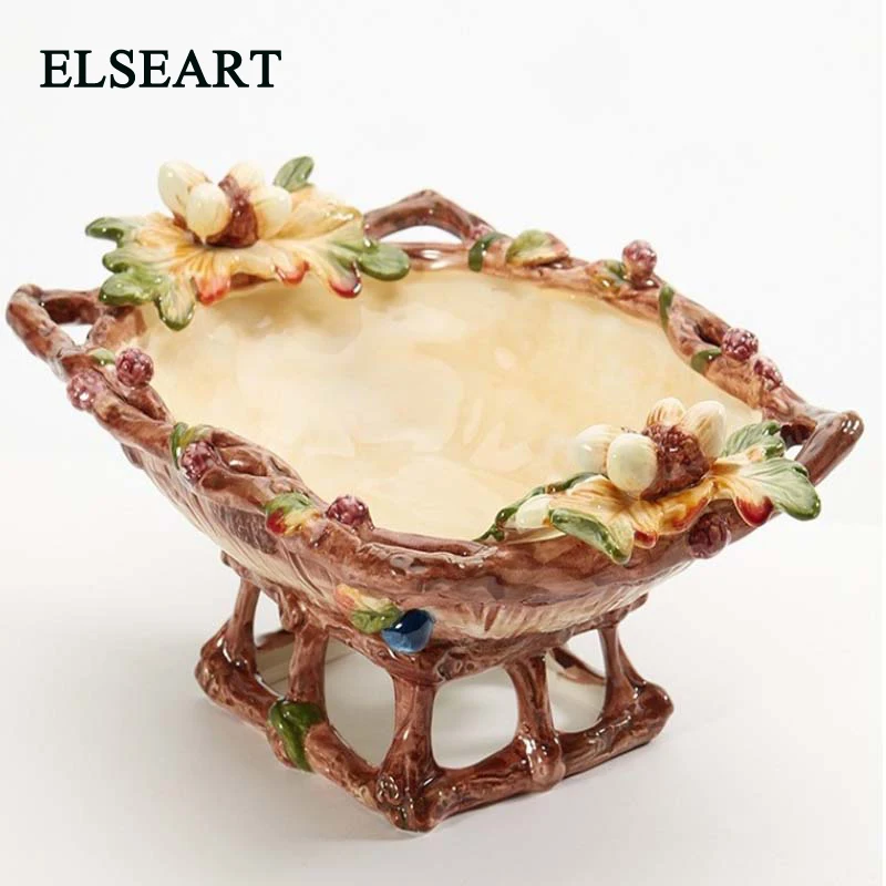 

Ceramic relief American European vintage fruit tray large bowl basket with flower for home table decoration