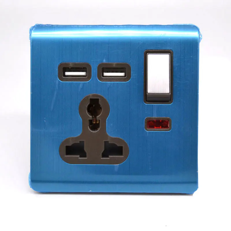 universal-wall-socket-13A-with-switch-double-USB-socket-stainless-steel-wire-UK-US-EUR-wall