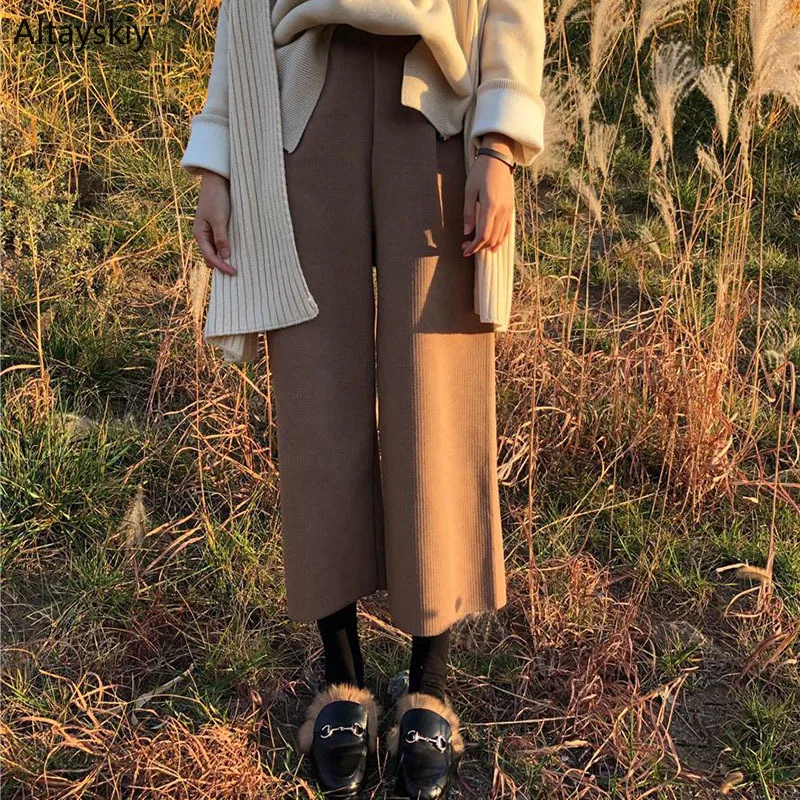 Pants Women Solid Simple All-match Korean Style Ankle-length Soft Knitting Warm Wide Leg Pant Womens High Waist Trousers Chic
