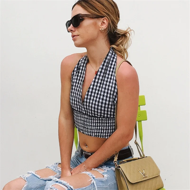 

Plaid Backless Halter Top Short Sexy Elastic Waist Crop Tops Women 2019 Deep V-Neck Sleeveless Vest Cropped Tank Women Crop Top