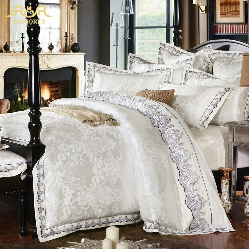 4/6 pcs romorus الأبيض الحرير الجاكار الحرير فاخر مجموعة الفراش الملك ملكة 100% ٪ مجموعة الدانتيل حاف غطاء السرير ورقة الذهب مجموعة