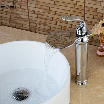 

Waterfall Sink Tall Faucet Bathroom Vessel Sink Faucet Hot and Cold Water Copper Crane Mixer Deck Mounted Chrome Finished ELM16