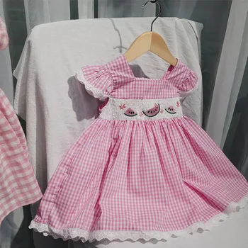 

Roimyal Wholesale 2019 summer new product collar summer dress refreshing watermelon pattern pink plaid refreshing cotton dress
