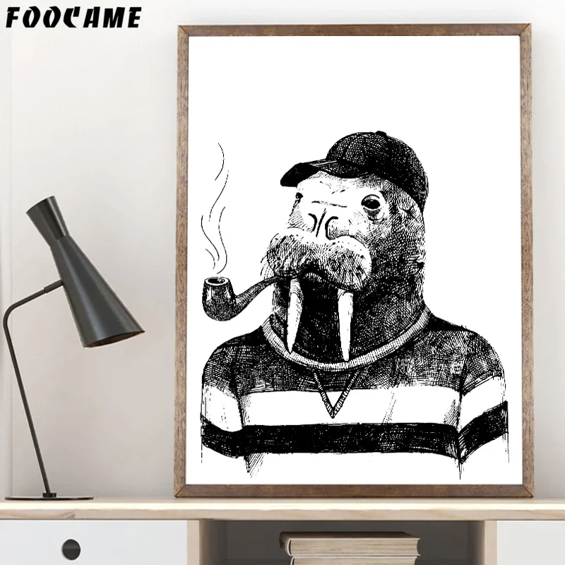 FOOCAME Cartoon Animal Hippo Pipe Black and White Posters Print Art Canvas Painting Home Decor Wall Pictures For Living Room | Дом и сад