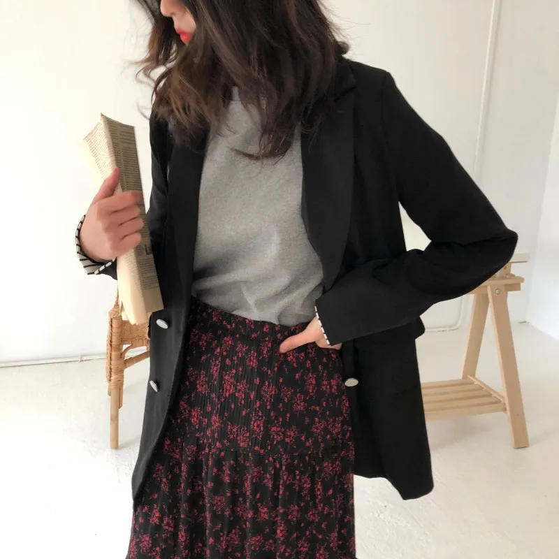 2019 Autumn New Women's Blazers Korean Casual Slim Solid Color Lattice Female Coat Temperament Commute Black Blazer Notched