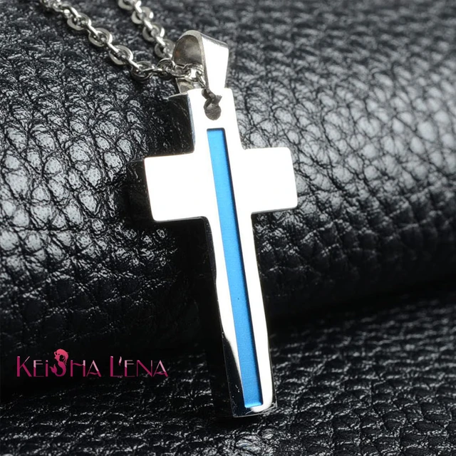 Thin blue line cross necklace deals