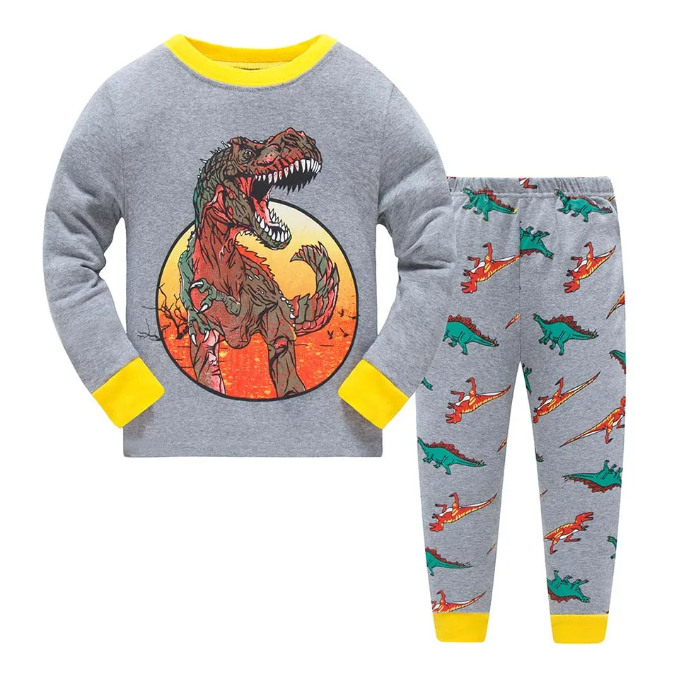 Dizoon Long Sleeve Pajamas for Boys Cotton Grey Dinosaur Pajama Sets