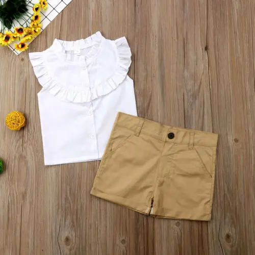 

PUDCOCO 2PCS Toddler Kids Baby Girl Outfits Clothes Set Ruffle T-shirt Tops+Shorts Pants