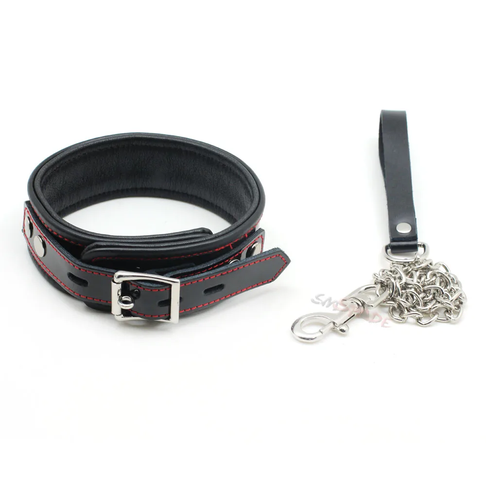 Ceny SMSPADE fetysz czarne prawdziwa skóry Bondage niewolnik kołnierz seks erotyczny kołnierz ortopedyczny smycz z metalowym łańcuchem Sex zabawki dla pary