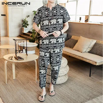 

INCERUN Men Sets Ethnic Printed Retro Short Sleeve Casual T Shirt Vintage Pants Streetwear Loose Men Clothes 2 Pieces Plus Size