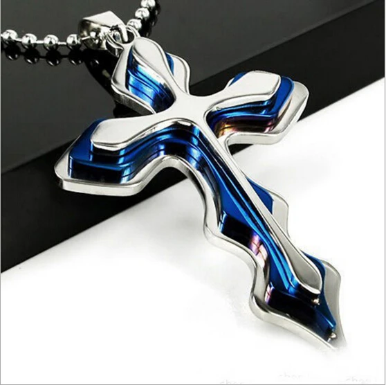 

Men's Silver Blue Stainless Steel Biker Wave Cross Pendant Necklace Punk Rock Unix Accessories Jesus Prayer Christian Jewelry