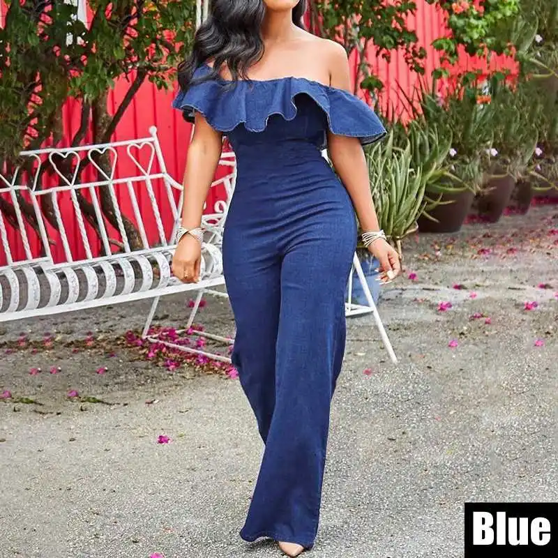 

VONDA 2019 Vintage Rompers Women Jumpsuit Female Demin Pants Office Ladies Bodysuits Ruffle Sleeveless Summer Overalls Plus Size