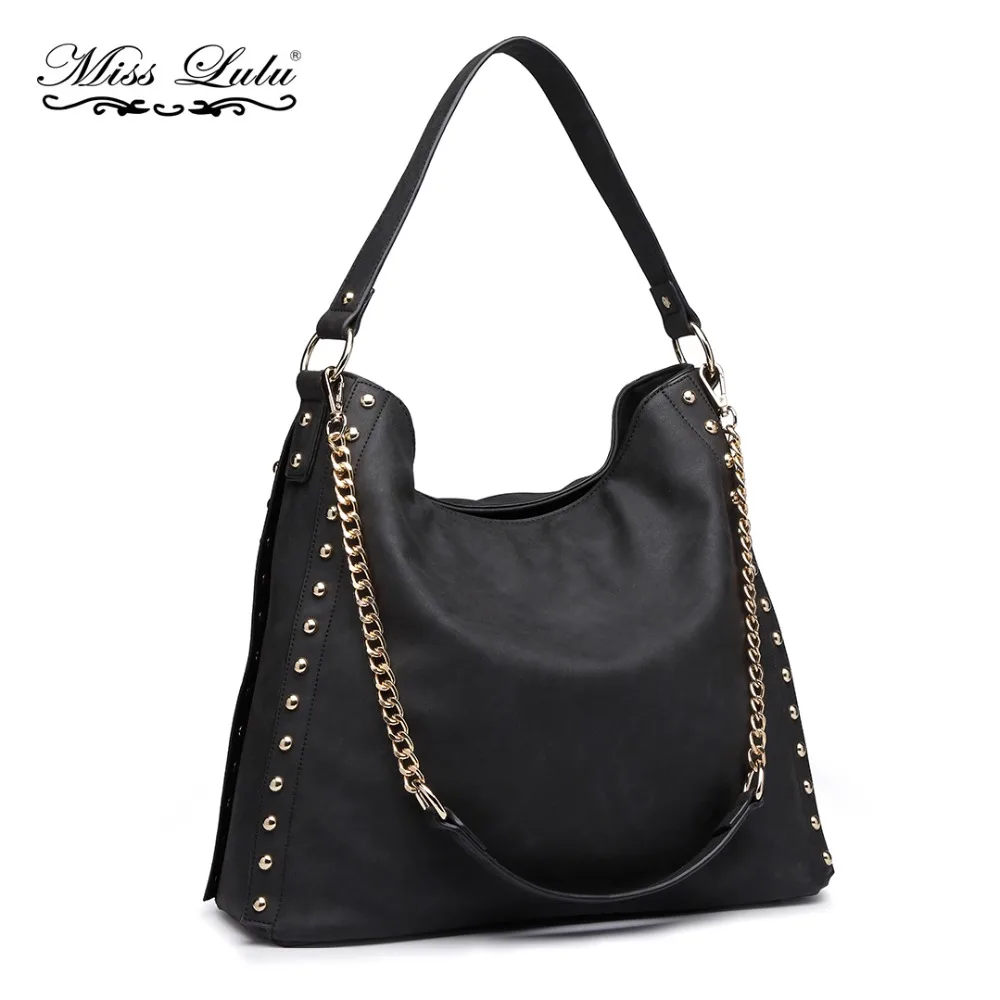 

Miss Lulu Women Studs Pendant Hobo Handbags Chain Shoulder Bags Black Top-handle Bag Ladies Synthetic Leather Large Totes LH6811