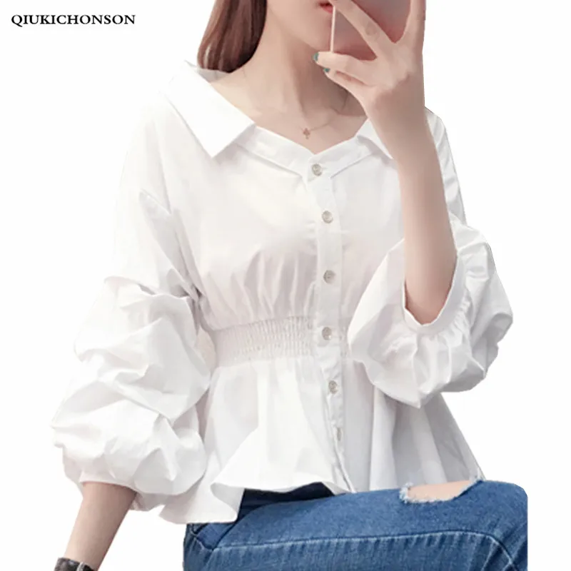 

Spring Autumn Long Lantern Sleeve White Blouse Women Cute Reveal Collarbone White Shirt Elastic Waist Ladies Ruffle Peplum Tops