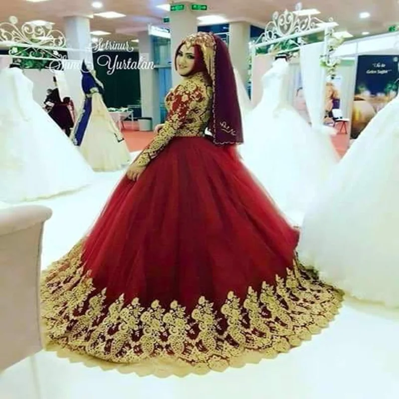 2017 Red Ball Gown Wedding Dress Muslim Bridal Gowns Long Sleeve 2017 Red Ball Gown Wedding Dress Muslim Bridal Gowns Long Sleeve High Neck Gold Liques Vestido De Novia Custom Bridel In Dresses From