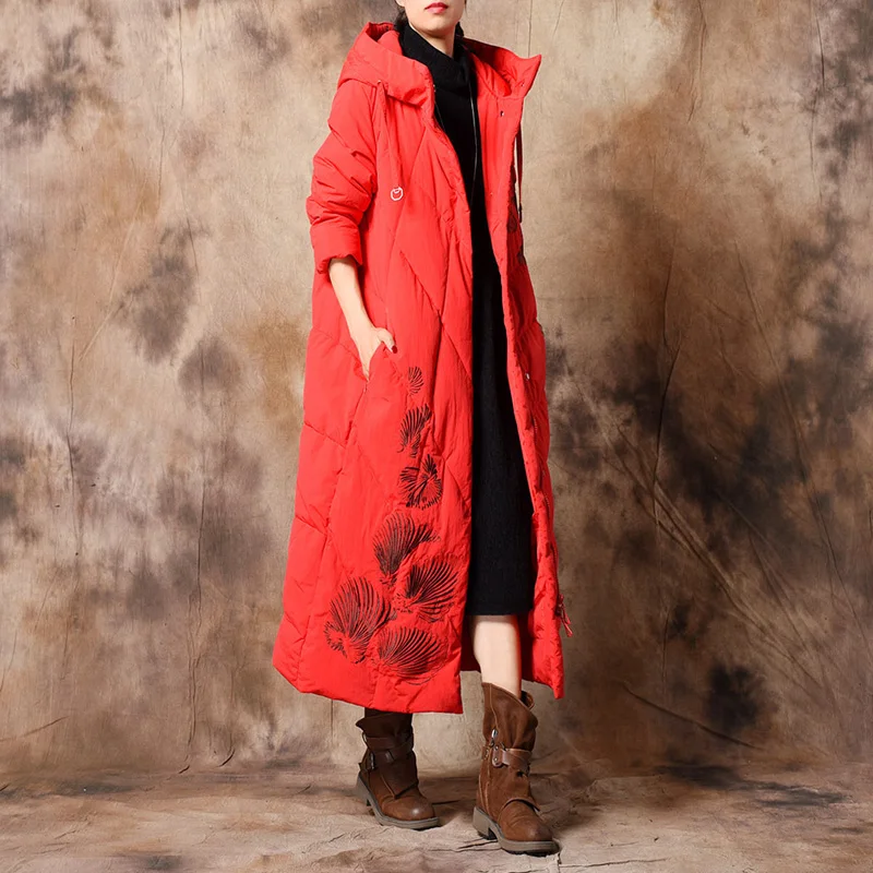 Johnature 2018 Winter New Embroidery Floral Down Coats For Women Hooded Solid Color Vintage Patchwork Warm Women Down Coats