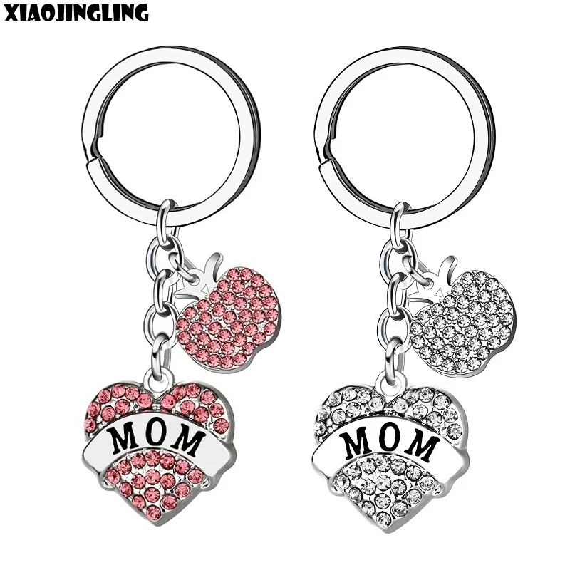 

XIAOJINGLING 2Pcs Set Crystal Rhinestone MOM Heart Diamante Apple Pendant Charms Keychain Keyring Mother's Day Gift Mom Keyfob