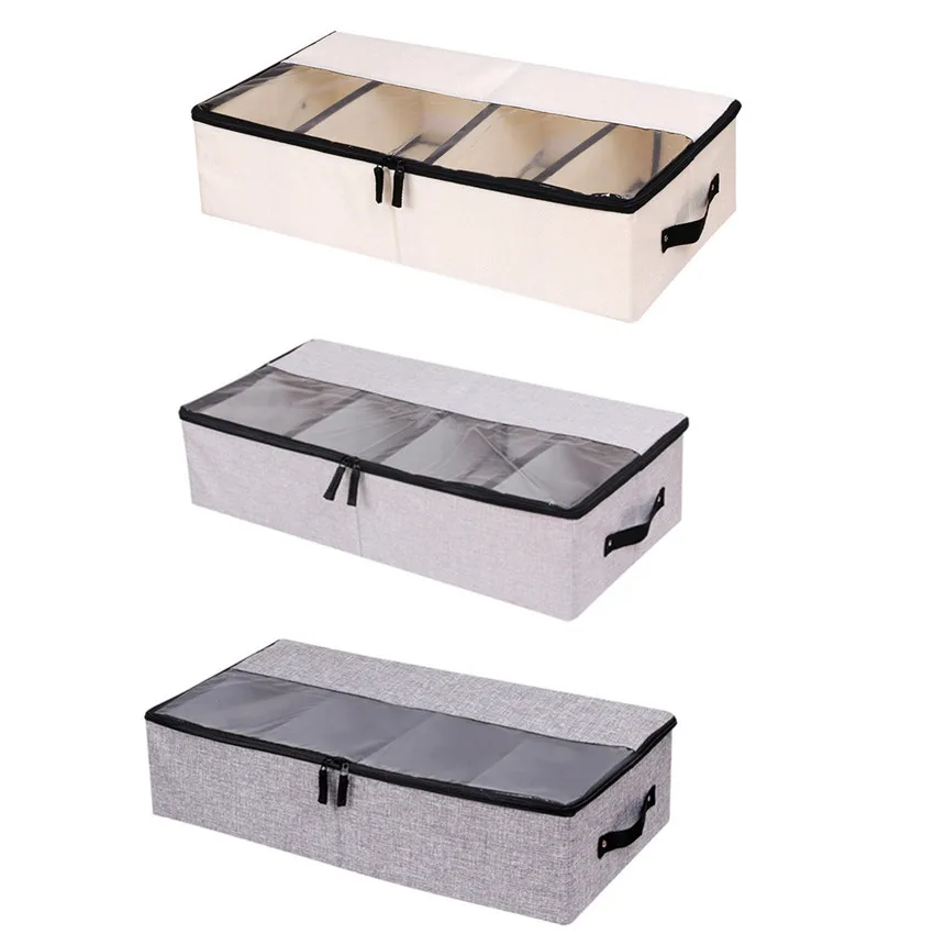 

Multi-Purpose Foldable Grid Storage Box Washable Linen Transparent Shoe Box Clothing Storage Bag Dust-proof Home Convenient