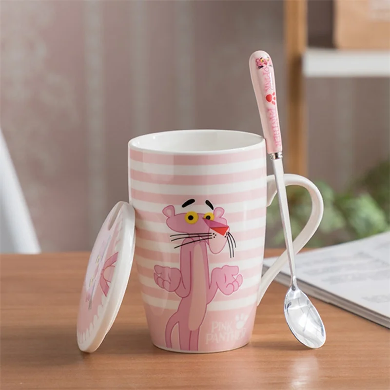 Креативная кофейная кружка Розовая пантера с ложкой и крышками 350 мл Милая мультяшная керамическая чашка для чая с молоком для девочек подарок на день рождения и Рождество - Цвет: 16