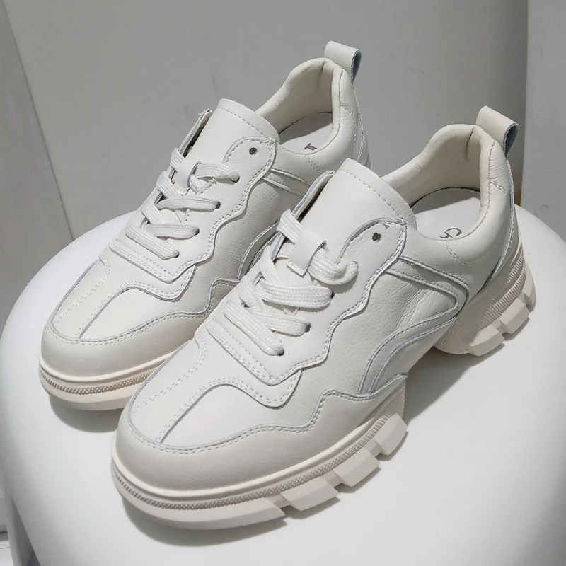 

PGXXZLX 100%Genuine leather women's shoes Round head Platform Casual shoes for women sneaker student Walking Shoes white Beige