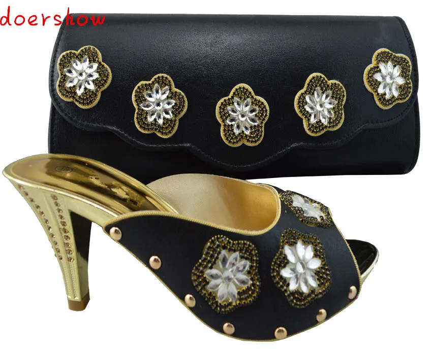 doershow High class shoes and bag set European style shoes perfect match handbag for party black
