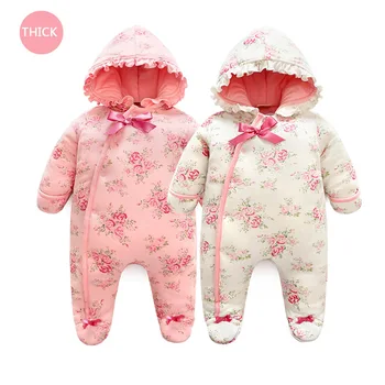 

Baby Girl Thicken Hooded Jumpsuit 2018 New Winter Warm Rompe Overall Floral Thick Sleeping Bag Infant Outfit Clothes Born 3M 6m