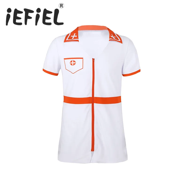 

Mens Medical Nurse Doctor Cosplay Costume Uniform Short Sleeve V Neck Zippered Mini Fancy Dress for Dress Up Carnival Party