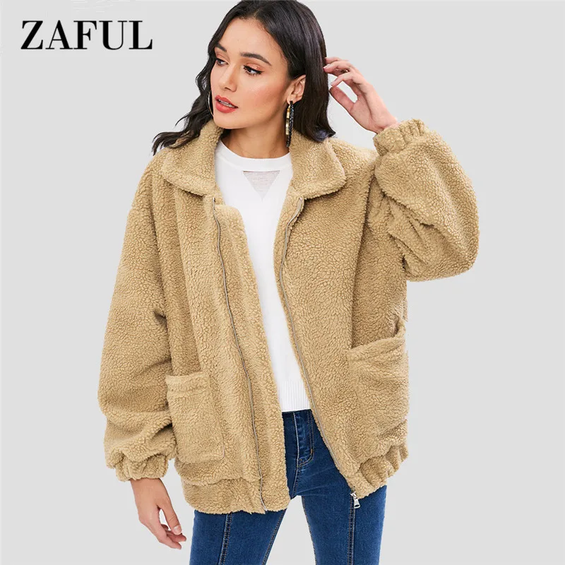 ZAFUL на молнии пушистое пальто женский Открыть стежка берберский флис шерпа зима