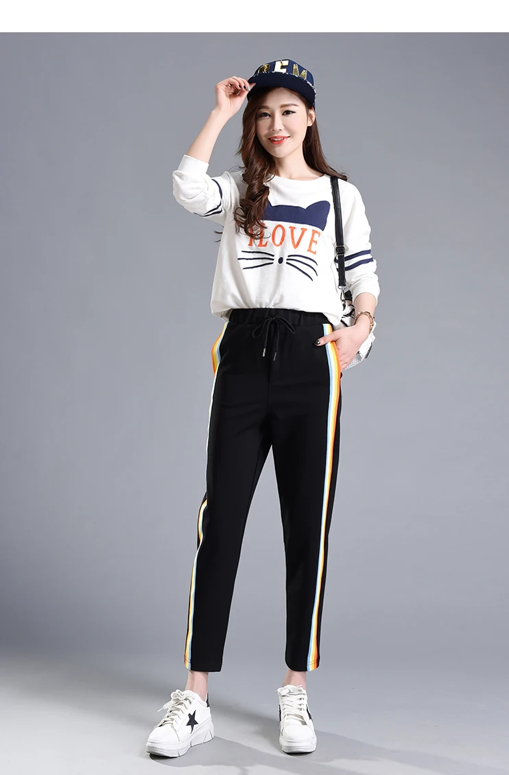 Spring Summer Women Casual Sweatpants Rainbow Striped Printed Side Pant Ladies Loose Trousers Joggers Sweat Pants