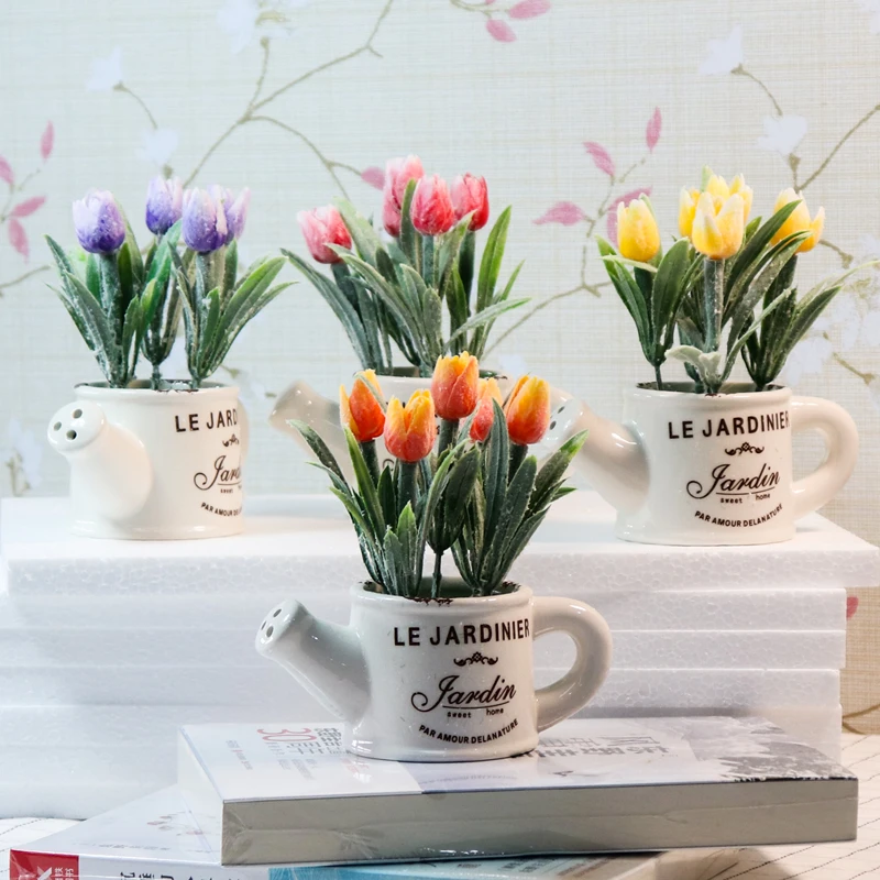 

Zinmol Artificial Flowers Potted Silk Tulip Bonsai Decorative Plant Wedding Decor with Ceramics Vase 1 set(plants+vase)