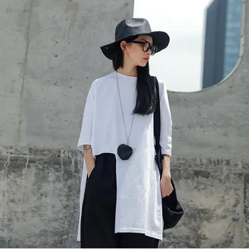 

Johnature 2020 New Fashion Loose Plus Size Women Long Tops Summer Solid Color O-neck Half Sleeve Casual Korean T-Shirts