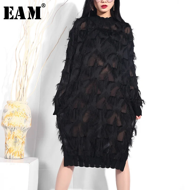 

[EAM] 2019 New Autumn Winter Stand Collar Long Sleeve Black Perspective Split Joint Big Size Dress Women Fashion Tide JI78