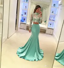 Zwei Stück 2016 Langarm Chiffon Spitze Brautkleider Meerjungfrau 2016 Sheer High Neck Günstige Formale Party Abendkleider