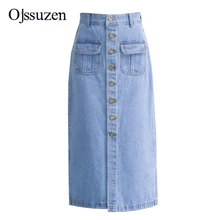 Для женщин джинсовая юбка летняя длинная для женщин, цвет: голубой, юбки с карманами модный, застегивающийся на одну пуговицу женский Высокая талия юбка