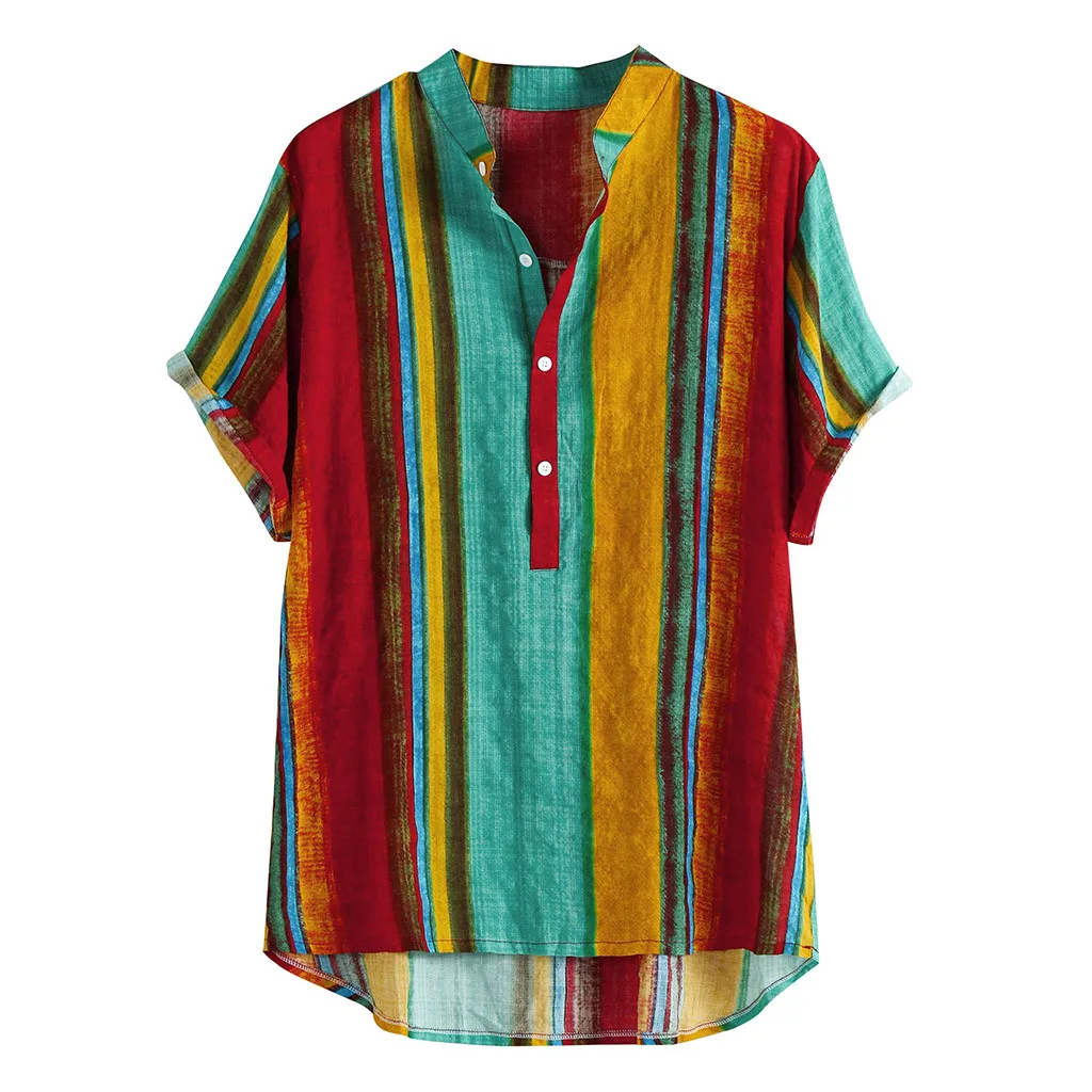 Мужская гавайская рубашка, мужская повседневная, с принтом, Пляжная, свободная, разноцветная, в полоску, с нагрудным карманом, с коротким рукавом, с круглым подолом, рубашки, M-3XL, 723