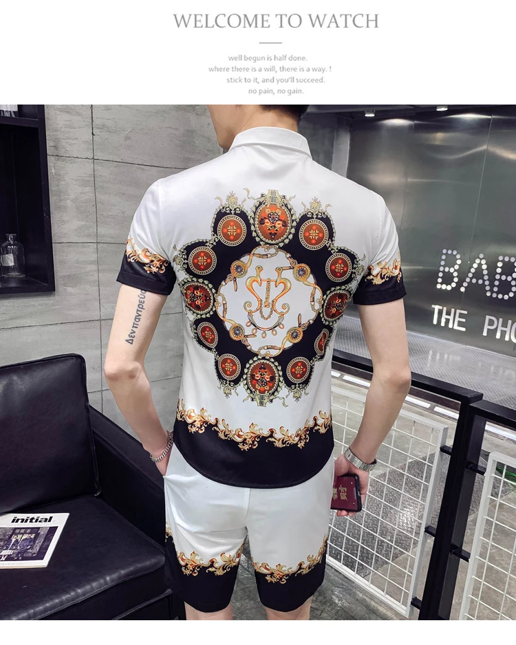 Vetement Homme Лето г. рубашки для мальчиков и короткие комплект из 2 предметов Мода барокко рубашки мальчиков мужские корейское платье