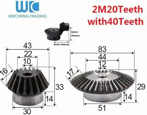 2 шт. 1:2 коническая шестерня 2 модуля 20 зубьев отверстие 10 мм+ 40 зубьев внутреннее отверстие 12 мм 90 градусов привод коммутации сталь шестерни s