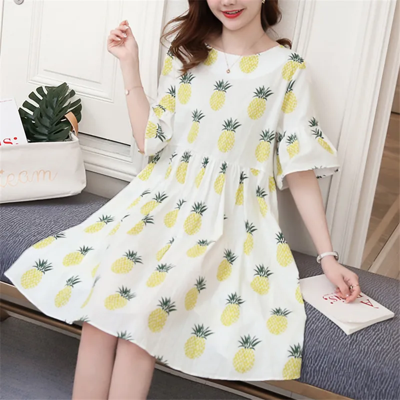 

Summer Dress Women 2018 Korean New Casual Loose Printed Pineapple Pattern Flare Sleeve Dress Dresses Women Sweet Vestido Mujer