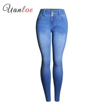 2019 New Women Jeans Fashion Pencil Stretch Skinny Jeans Mid High Waist Jeans Pants Women's Blue Slim Denim Jeans