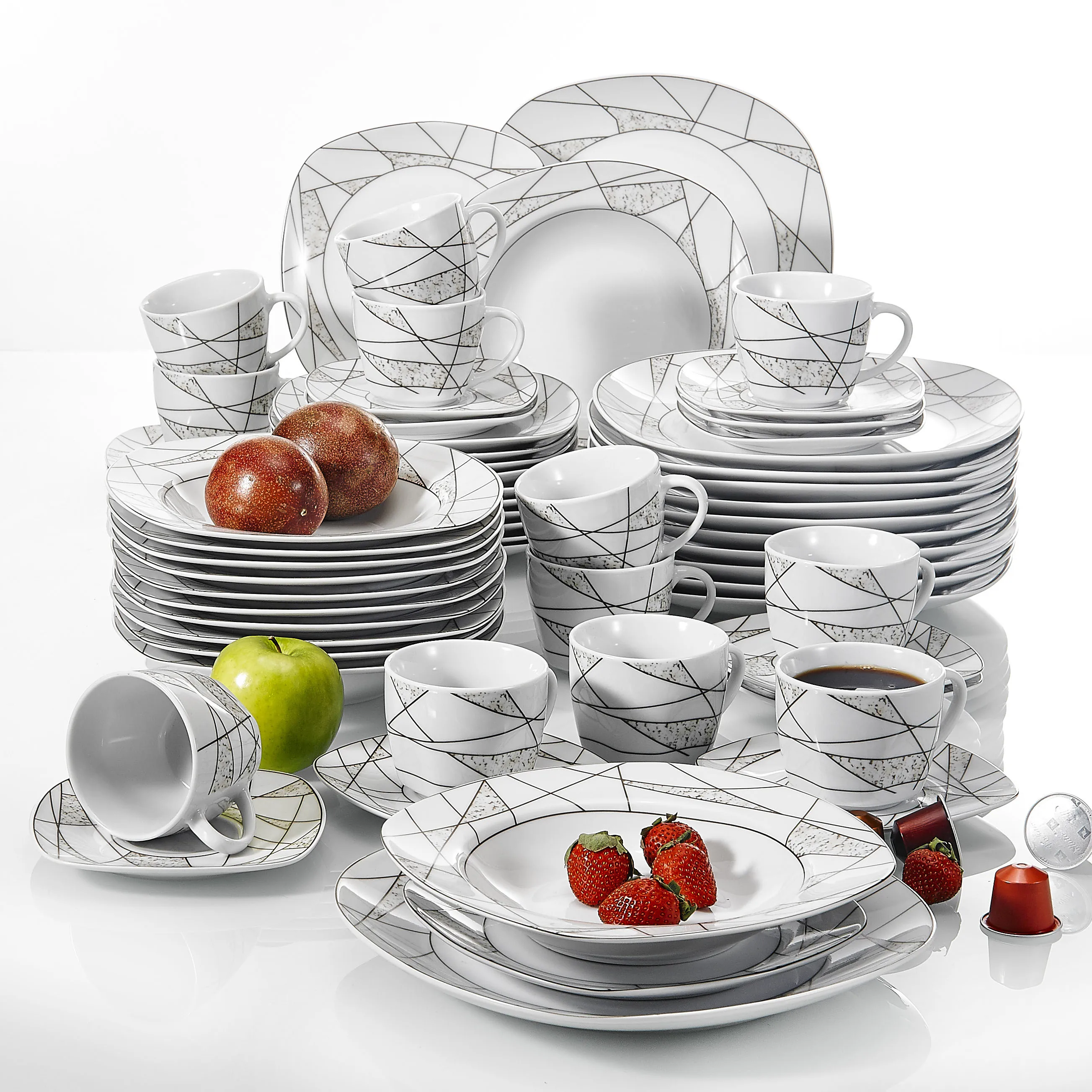VEWEET SERENA 30/60-Piece Kitchen Porcelain Ceramic Dinner Set of Cups Saucer Dessert Plate Soup Plate Dinner Plate Cutlery Set
