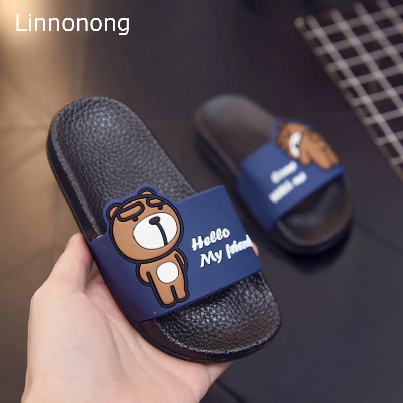 Linnonong/детские тапочки с рисунком; сезон лето; домашние тапочки с милым медведем для мальчиков и девочек; мягкие Нескользящие Детские тапочки для малышей - Цвет: Синий