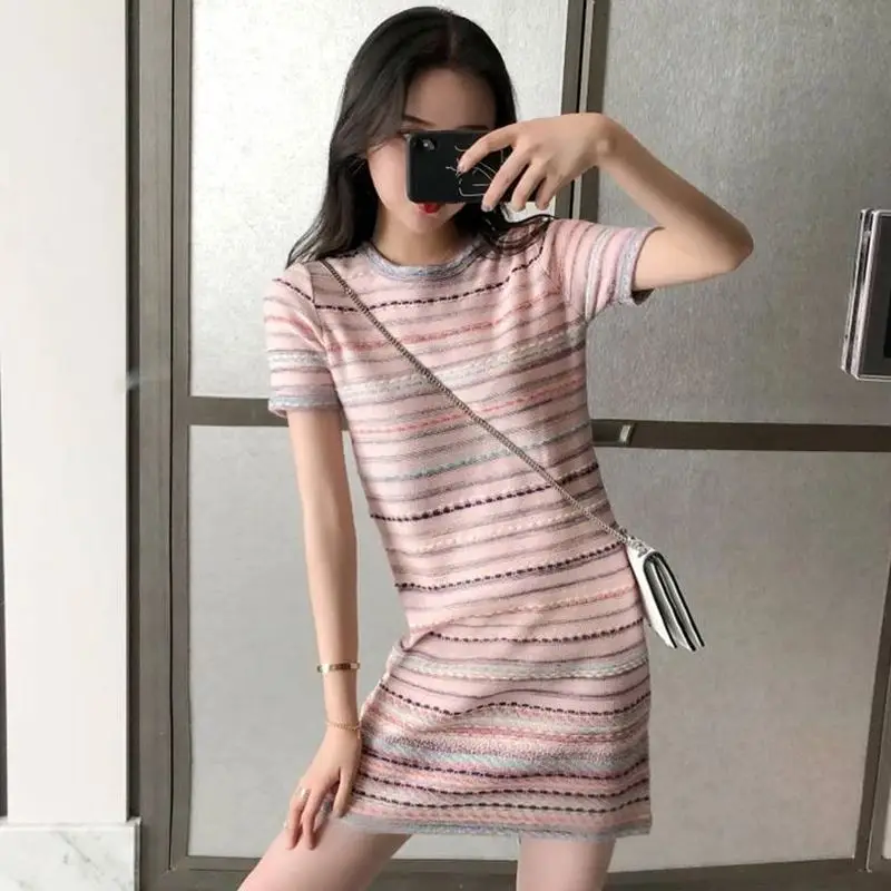 2019 Summer Vintage Stripe Dress Women Mini Knit Short Sleeve Colorful Striped Dresses Female Holiday Vestido Student | Женская одежда