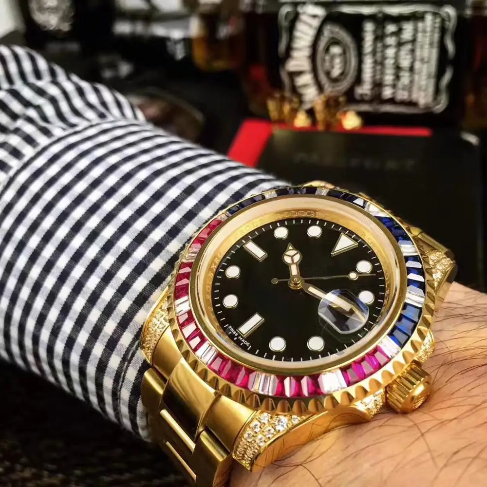 

AAA high quality top brand luxury men's watch red and blue diamond bezel sapphire mirror casual fashion automatic movement watch